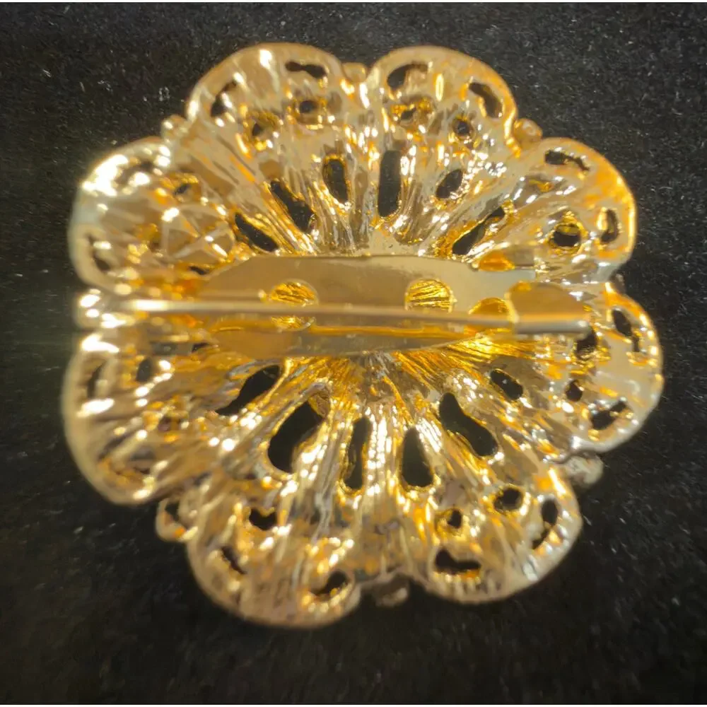 VTG Gold-Tone Pink & Garnet Rhinestone Floral Brooch Dimensional Statement Pin